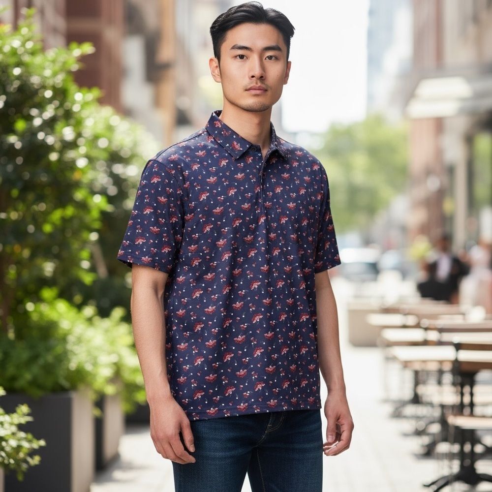 Roundtree & Yorke BEER PONG PATTERN Blue and Red Polo Shirt